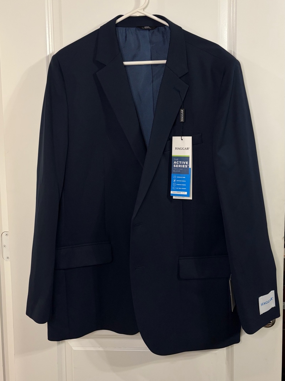 Haggar Men's The Active Series Navy Blue Tailored Fit Stretch Blazer Sz 46R NWT